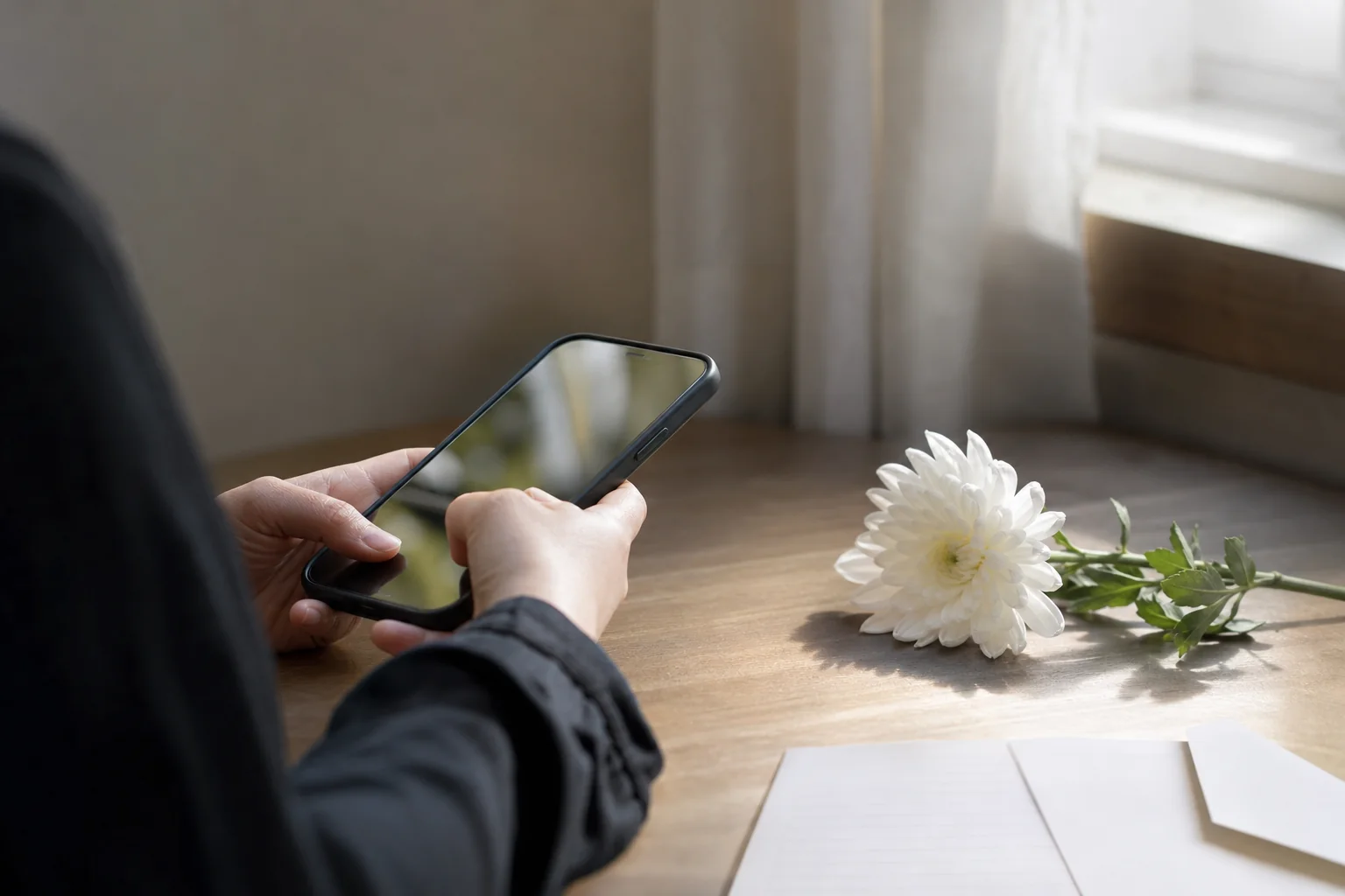 連絡の文面で言葉を選びながらスマートフォンに入力する手元のイメージ