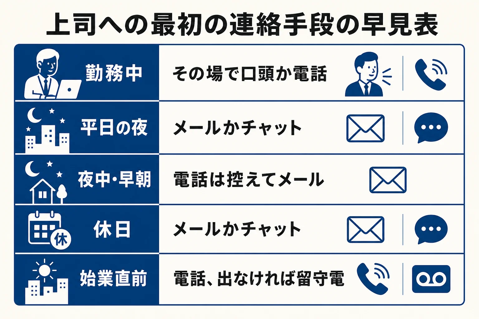 知らせを受けた時間帯ごとに、上司への最初の連絡手段を電話・メール・チャットから選ぶ早見表の図解