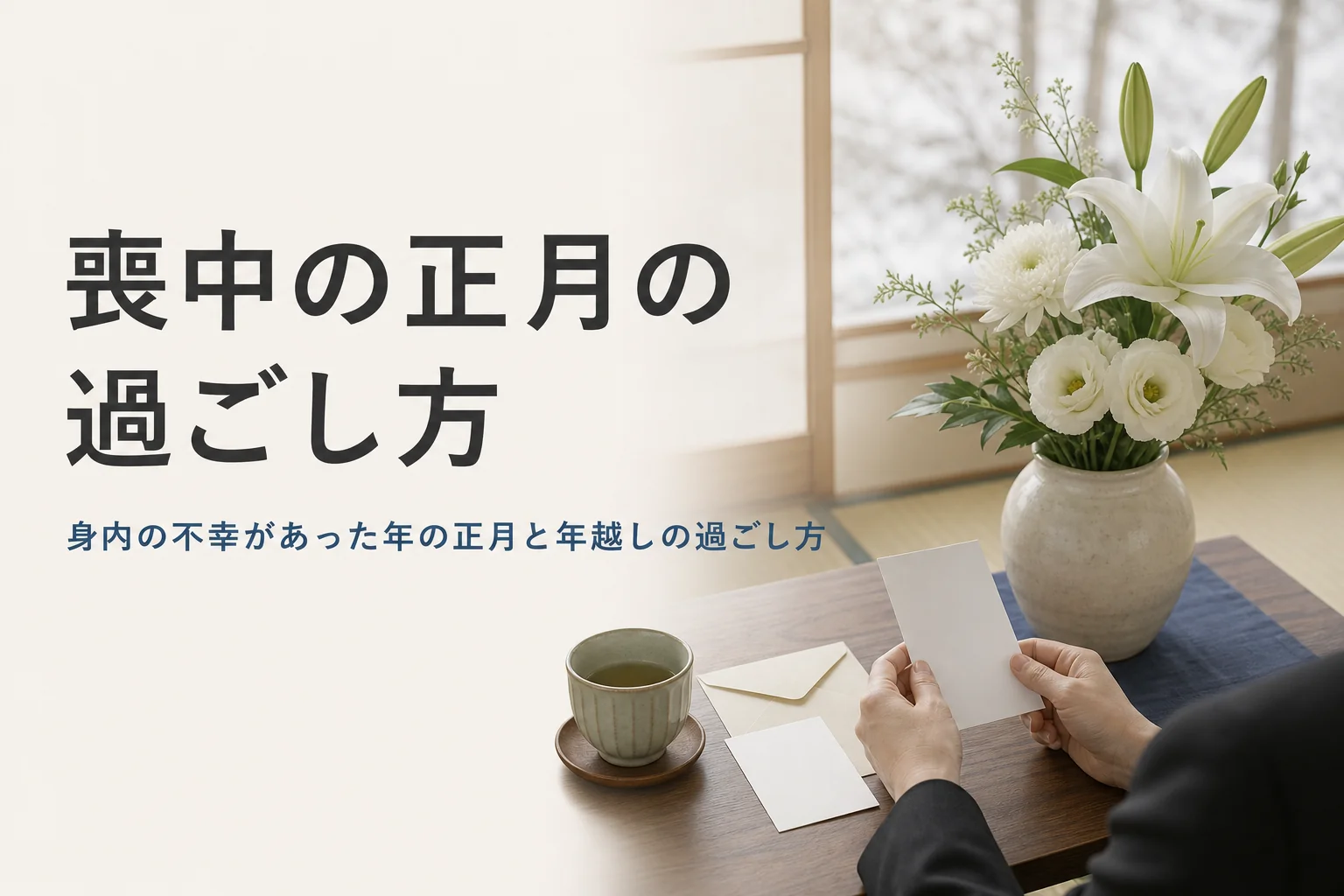 身内の不幸があった年の正月を静かに過ごす、白い花とはがきが置かれた冬の部屋