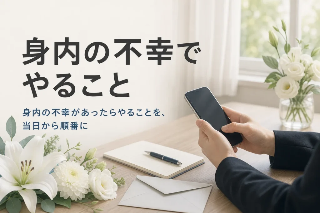 身内の不幸があったらやることを、メモとスマートフォンで確かめている手元